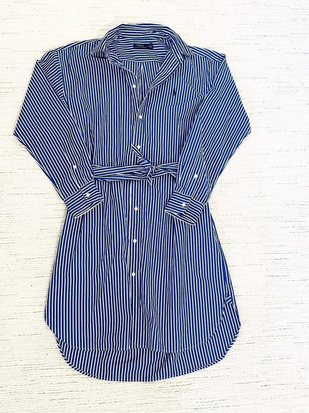 POLO RALPH LAUREN Belted Striped Shirt Dress Sz 12 Blue/White Long Sleeve Button